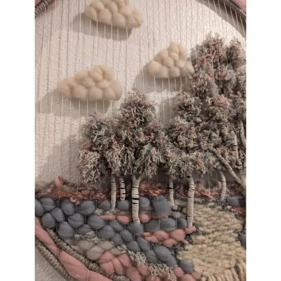 Round Hoop Tree Fiber Art Fiber Textile Macrame Hand Woven Yarn Pink Girls Room - Picture 2 of 4
